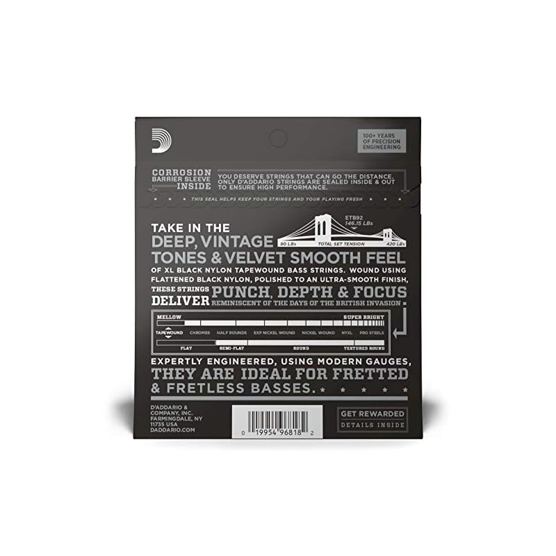D'Addario ETB92 Черные Басовые Струны с Нейлоновой Обмоткой, Длинные, .050-.105мм [Официальный Японский Продукт]