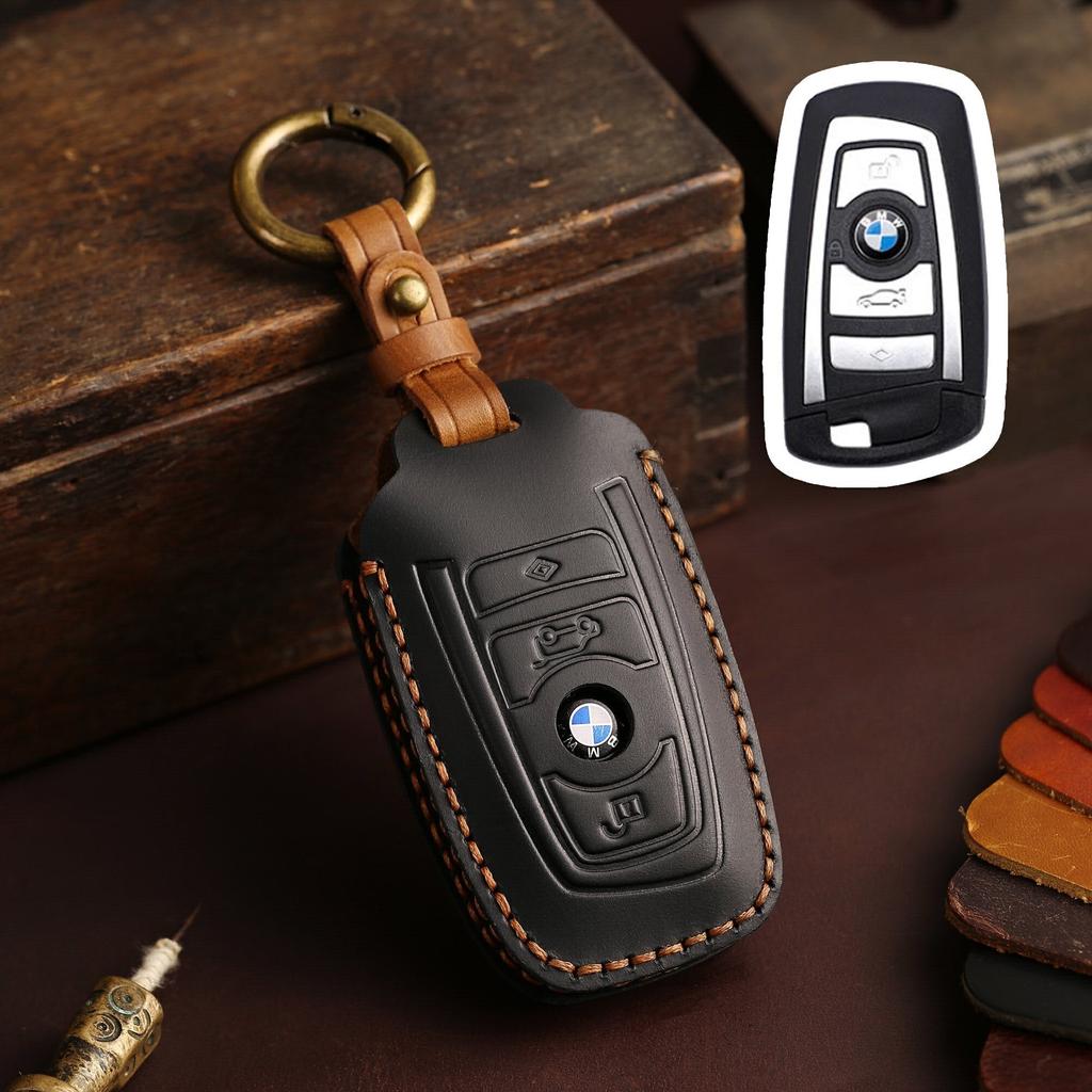 Genuine Leather Key Case for BMW 3 5 7 Series X1 X3 X5 X6, Full Cover Fob Protector with Metal Keychain, F20 F30 F10 Compatible msvc59