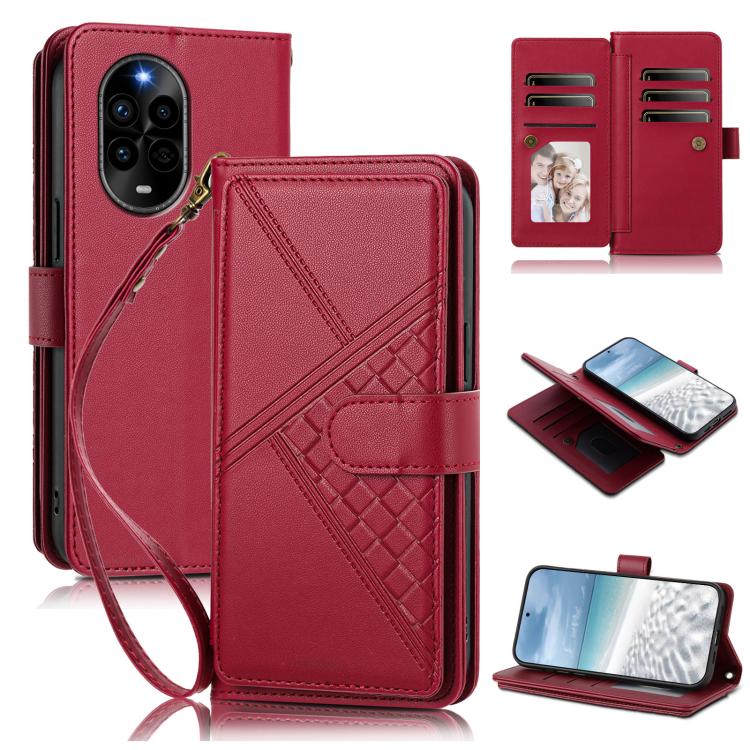 Embossed Secure Clasp 9-Card Slot Vegan Leather Phone Case with Wrist Strap