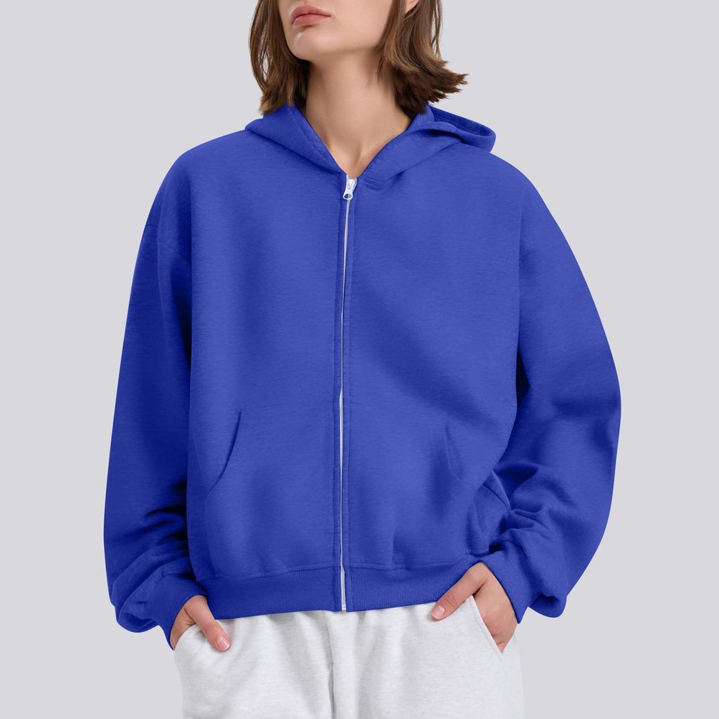 Женская однотонная свободная толстовка с капюшоном на молнии с длинным рукавом