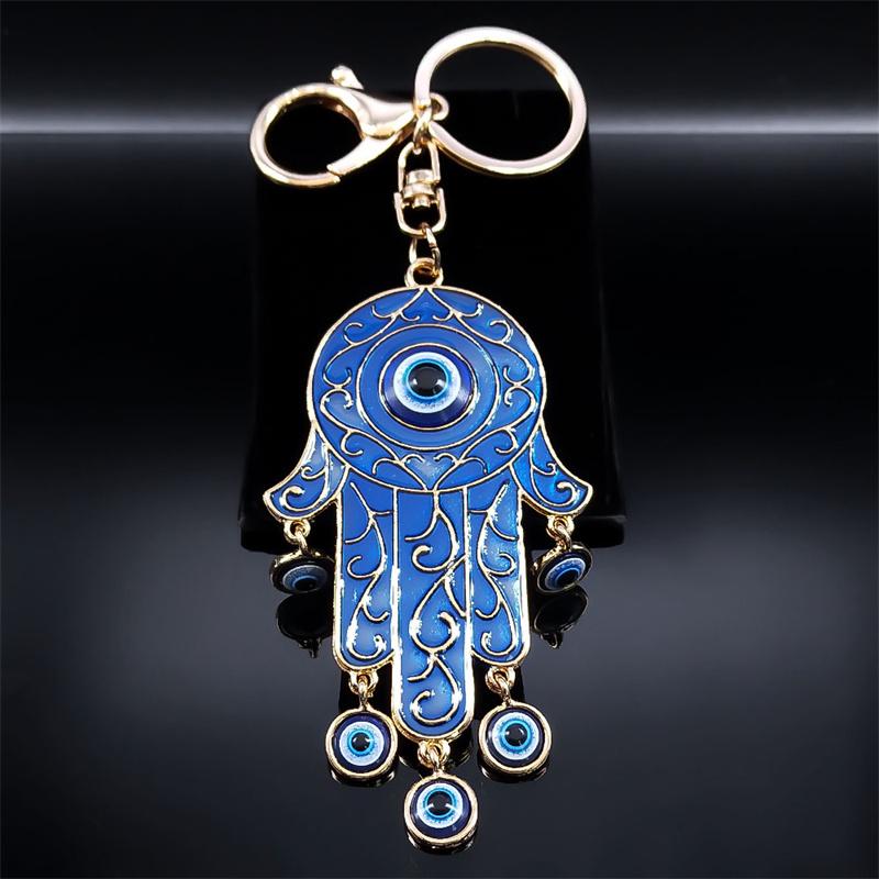 Lucky Blue Eye Hamsa Hand Key Chain Women Alloy Enamel Hand of Fatima Turkish Evil Eyes Tassel Keyring Bag Accessories Jewelry