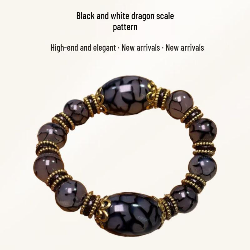 Tibetan Three-Eyed Dzi Beads Unisex Bracelet with Dragon Pattern Ice Flower Agate and Retro Ethnic Style in Red and Yellow.