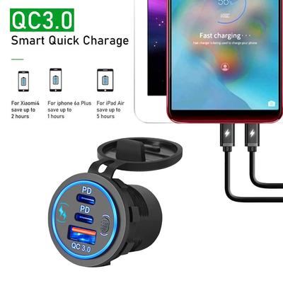 Автомобильное зарядное устройство QC3.0 с двумя USB-портами 12 В/24 В 60 Вт Быстрая зарядка Водонепроницаемое с сенсорным переключателем Порт USB C PD3.0 для автомобиля, грузовика, лодки, морского транспорта
