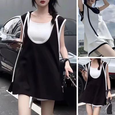 3 шт./комплект женский укороченный топ жилет шорты комплект Ice Silk контрастного цвета с капюшоном без рукавов эластичный пояс шорты спортивный наряд