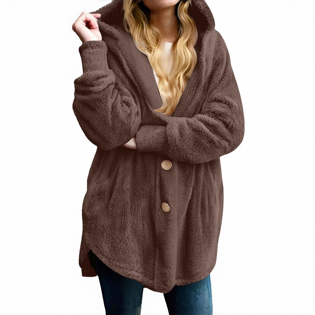 Women's Fashion Solid Color Pocket Button Hooded Plush Coat