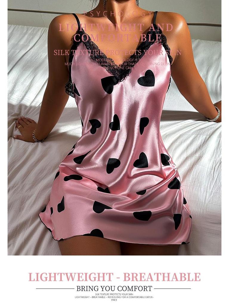 2024 Summer Ice Silk Nightdress: Sexy Backless Love Suspender Skirt for Home. Printed Breathable Short Skirt.