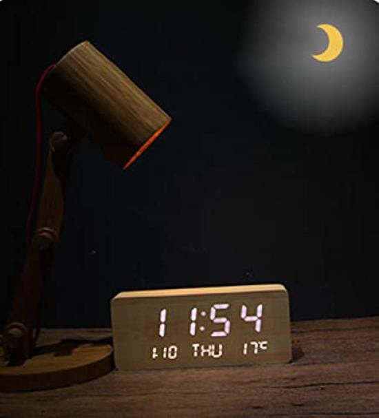 Настольные часы с цифровым календарем, дисплеем температуры, функцией будильника, настольные часы для интерьера, простые, с текстурой дерева, многофункциональные, с питанием от USB, с настоящим деревом 1