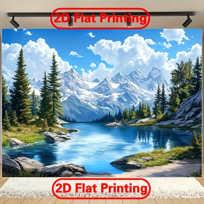 The promotional banner is designed in 2D format and features mountains forests and lakes. It is made of polyester fabric.
