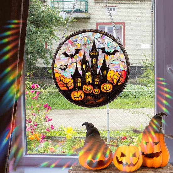 Halloween Suncatcher Hanging Decoration Ghost Pumpkin Witch Black Cat Castle