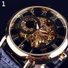 Forsining 3d Logo Design Hollow Engraving Black Gold Case Leather Skeleton Mechanical Watches Men Luxury Brand Heren Horloge