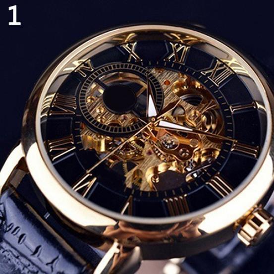 Forsining 3d Logo Design Hollow Engraving Black Gold Case Leather Skeleton Mechanical Watches Men Luxury Brand Heren Horloge