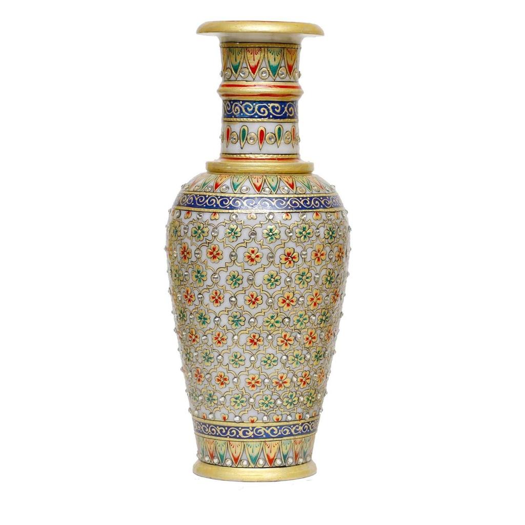 Designer Decorative Marble Flower Vase | Round Shape Beautiful Sea Color Rajasthani Meenakari Handpainted Work Showpiece Vases for Home