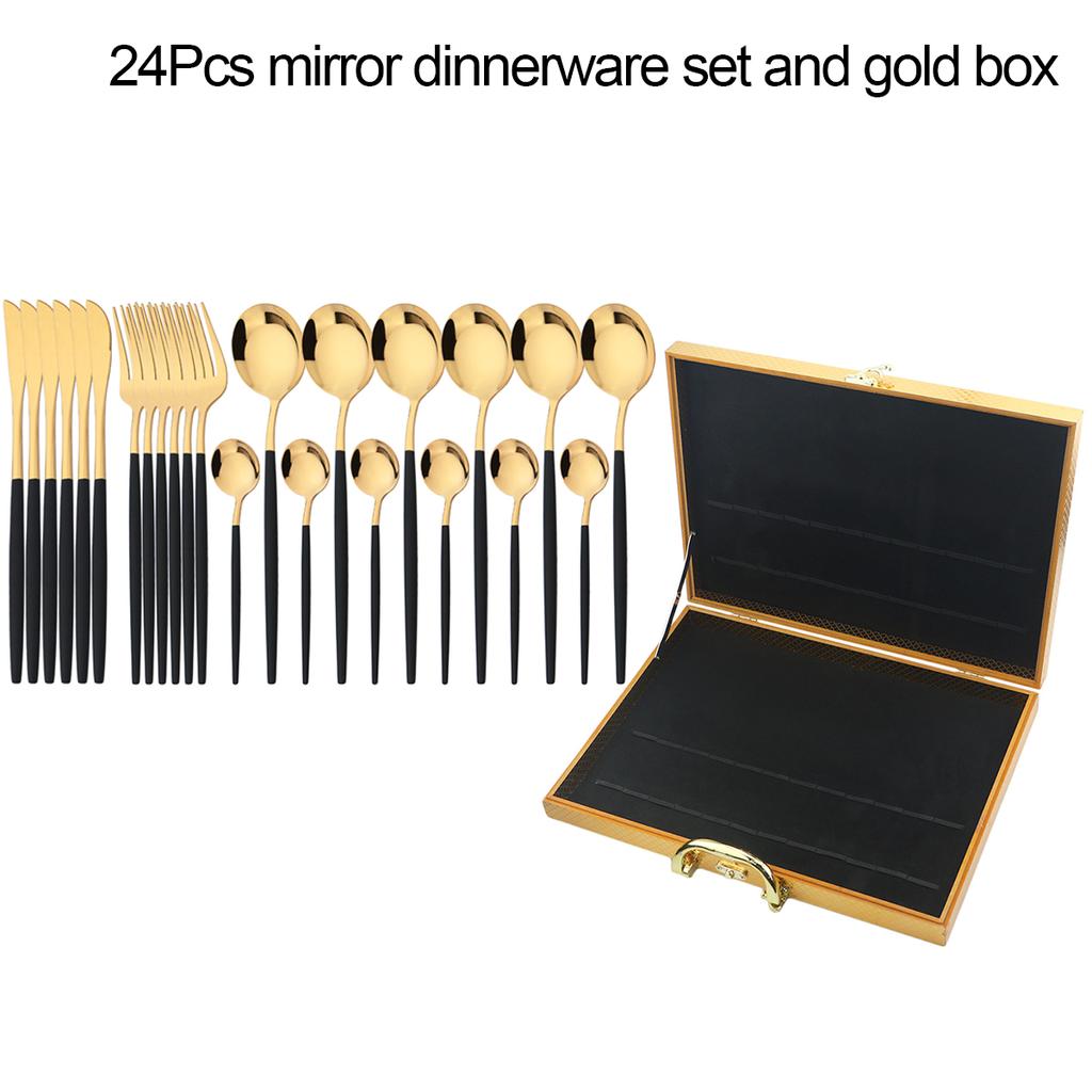 24Pcs Black Gold Dinnerware Set with Box Knives Fork Tea Spoon Cutlery Set Stainless Steel Silverware Tableware Kitchen Flatware