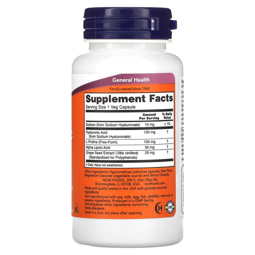 Now Foods Hyaluronic Acid, Double Strength, 100 Mg, 60 Veggie Capsules