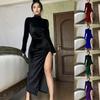 European and American Style High-Neck Velvet Slim Pleated Split Dress for Women - 2024 Autumn/Winter Collection