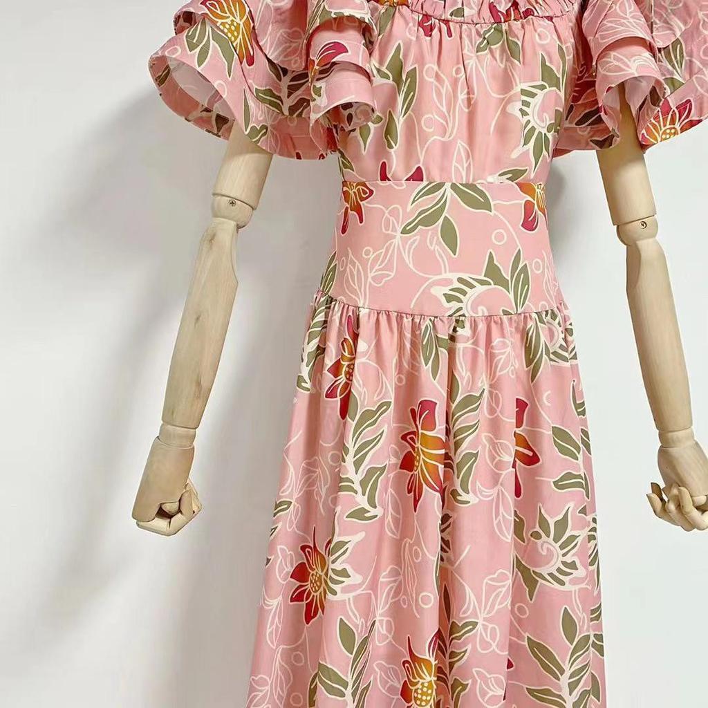 Australian Niche 2024 Spring Lightweight Printed Long Dress with Flutter Sleeves for Women