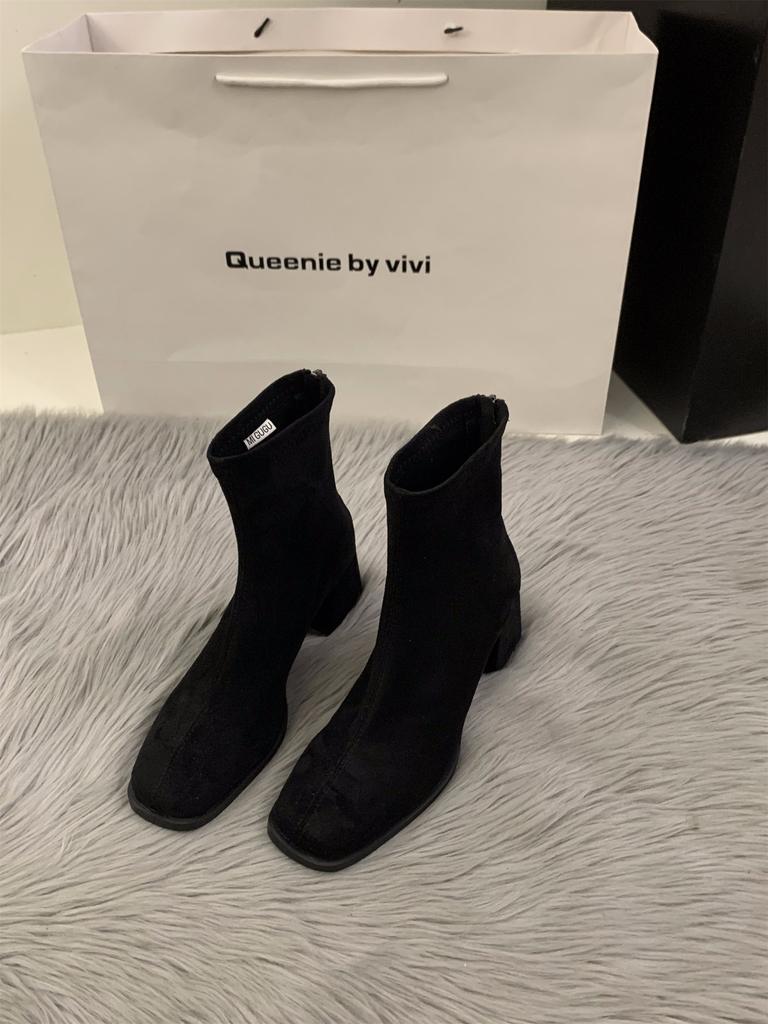 Женские ботильоны на высоком каблуке с квадратным носком, облегающие, 2025 осень-зима, флис, корейские ботильоны до щиколотки, ботинки Мартин