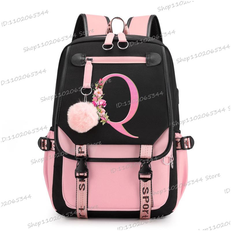 Подростковые рюкзаки Black Pink 26 инициалов Цветок Алфавит от А до Я Большая вместимость Харадзюку Мода Молния Эстетичный Школьная сумка для студентов