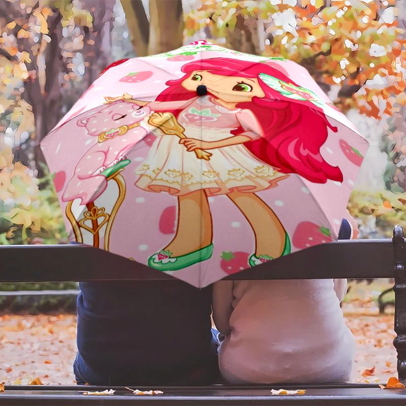Princess Strawberry Umbrella with Automatic Open/Close & Self-8-Rib Heavy-Duty Umbrella, Compact Travel Umbrella Suitable for Outdoor