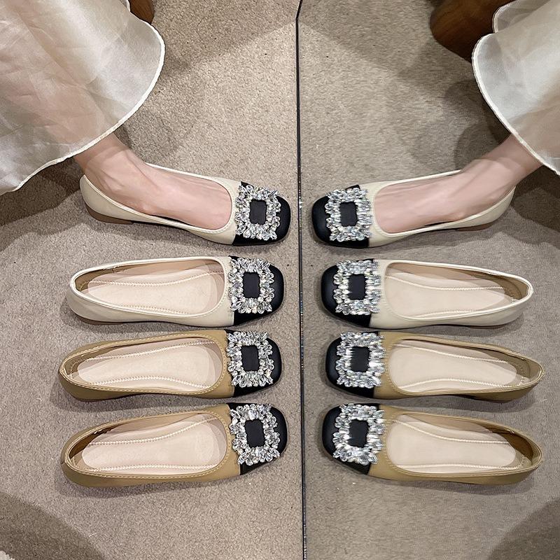 Женские туфли на одной педали осенние на низком каблуке с цветовой блокировкой на мягкой подошве, не утомляющие ноги, повседневные, со стразами, с квадратной пряжкой, с квадратным носком, рабочие туфли