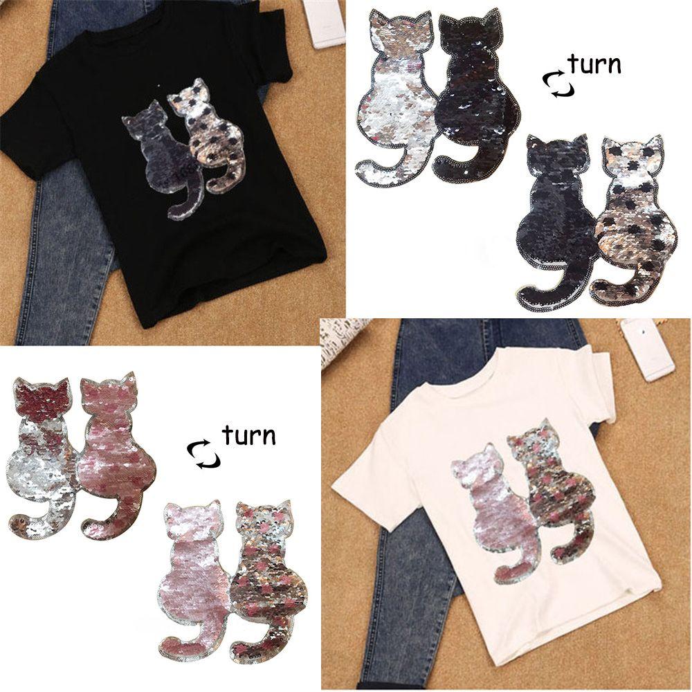 Cute Sewing Coat Jeans Applique Reversible Color Sequins Cat Patch DIY Clothes