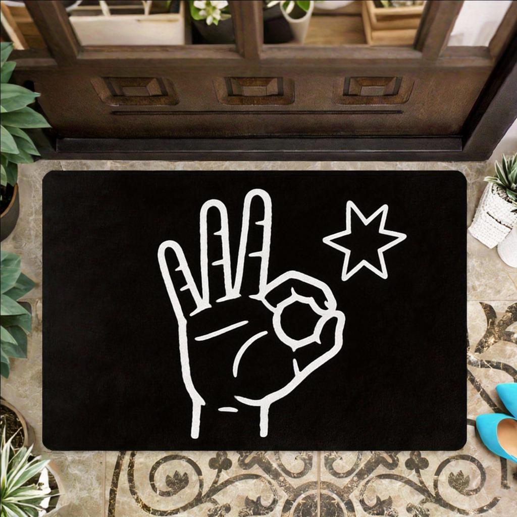 Love Hand Gesture Floor Mat 1pc – Black White ASL Sign with Heart, Playful Indoor Doormat for Entryway and Living Room