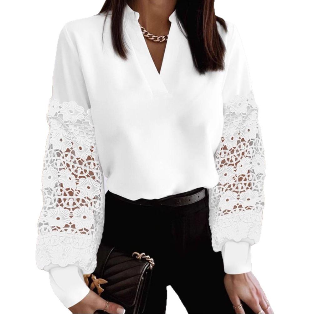 Осенне-зимняя блузка с V-образным вырезом и длинными рукавами из кружева для женщин