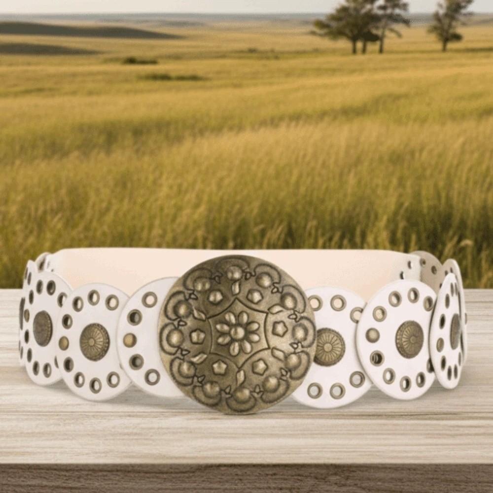 Zinc Zinc Alloy Ethnic Style Rivet Belt Y2K Disc PU Hollow Waistband Vintage Concho Wide Belt  Waist Seal