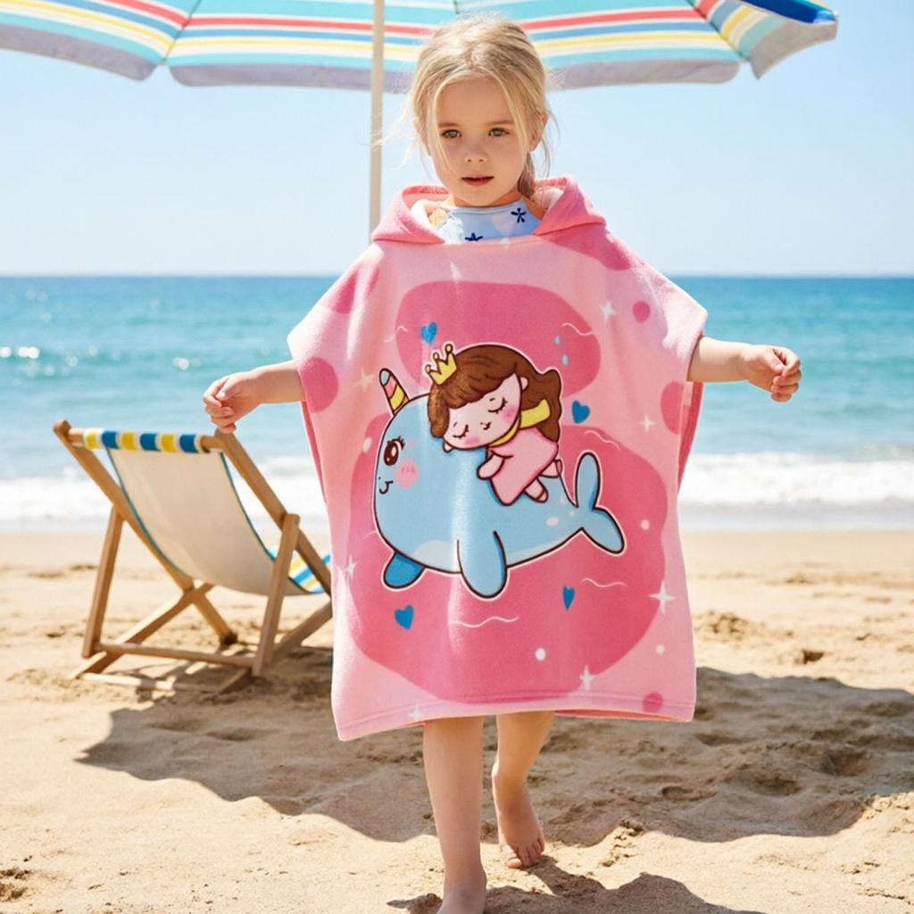 Ultra-Fine Fiber Cartoon Print Kids' Hooded Bath Towel Poncho