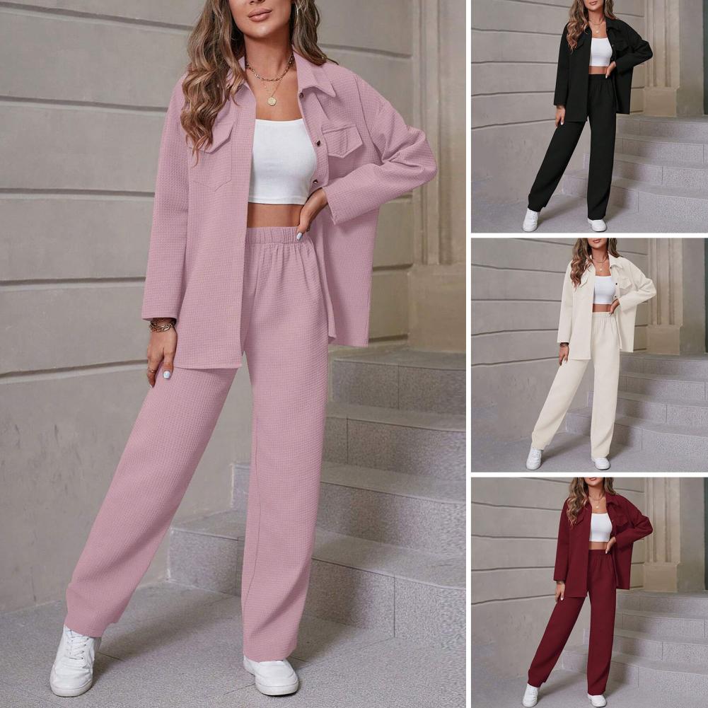 Women Casual Suit Set Elegant Women's Shirt Pants Set with Lapel Button-down Blouse Elastic Waist Trousers for Fall for Office