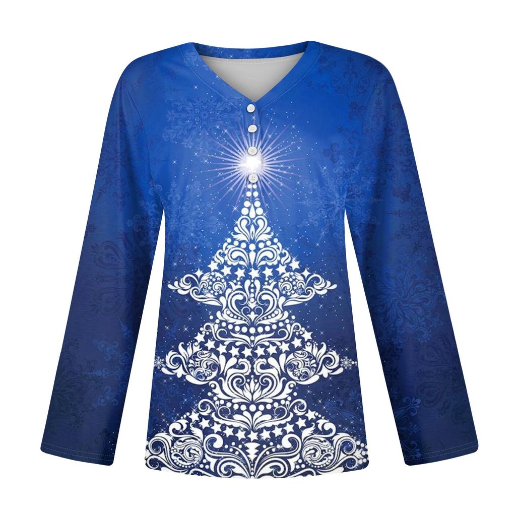 Женская повседневная мода сексуальный комфорт рождественский принт V-образный вырез пуговицы длинный рукав
