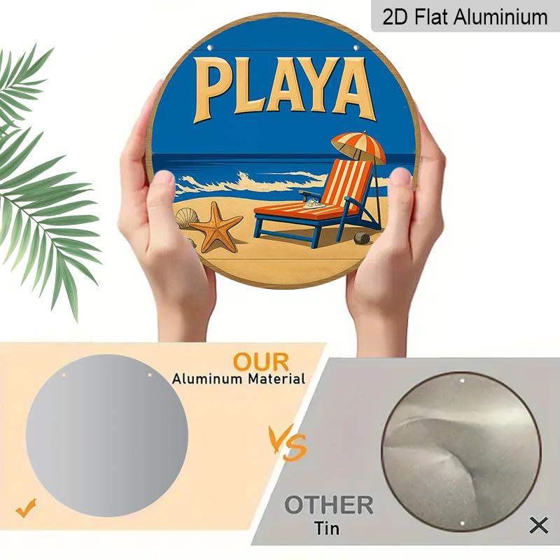 2D Flat - 1pc, 7.87X7.87 Inch 2D Flat Round Aluminum Sign, Vintage Aluminum Plaque about "PLAYA", Beach Themed Decorative Sign, Suitable for