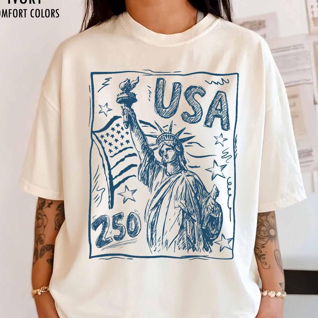 Comfort Colors Statue of Liberty Shirt, USA 250 Vintage America Tee, 4th of July T Shirt, Retro Patriotic Graphic Tee, American Flag Shirt