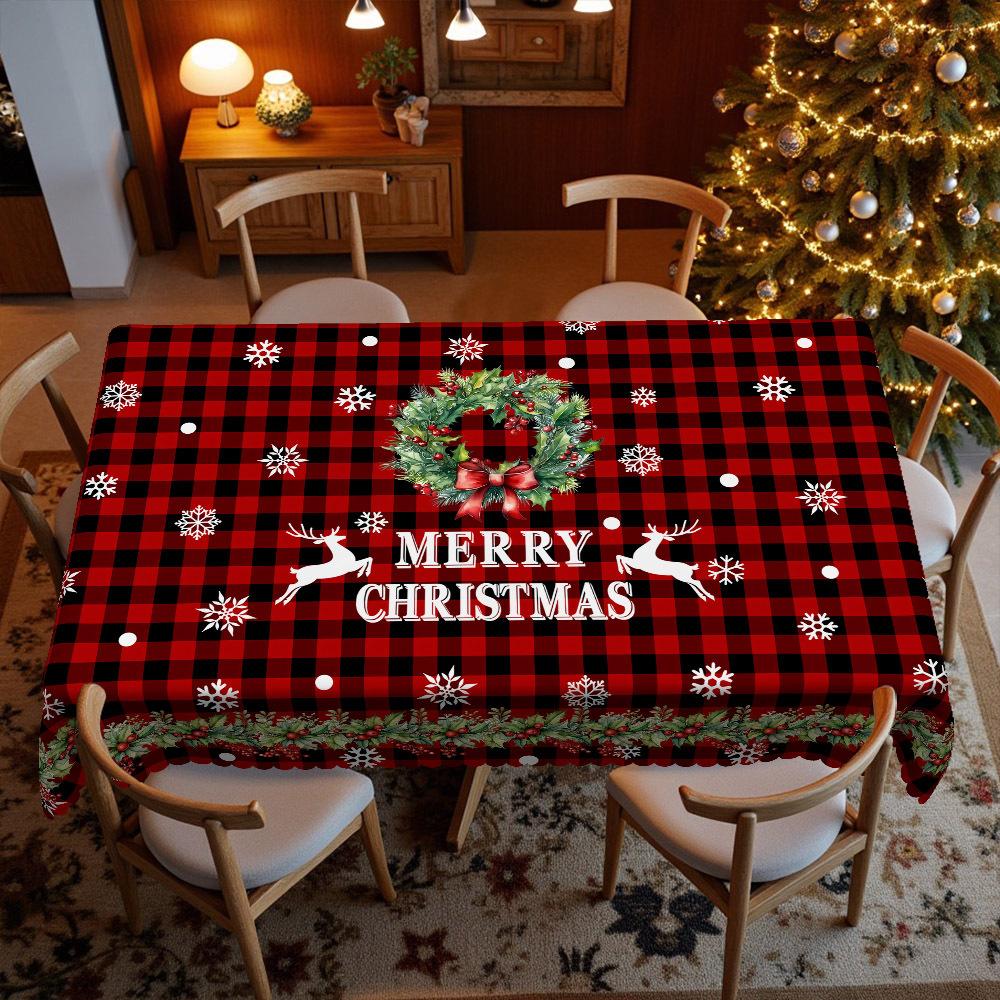 Red Black Checked Christmas Tablecloth, Snowflake Reindeer Merry Christmas Print, Rectangular Table Cloth