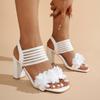 Fashion Woman Sandals Flower High Heel Sandals Women Mesh Elastic Strap Square Toe Sandals Slip On Thick Heeled Dress Party Shoes Woman