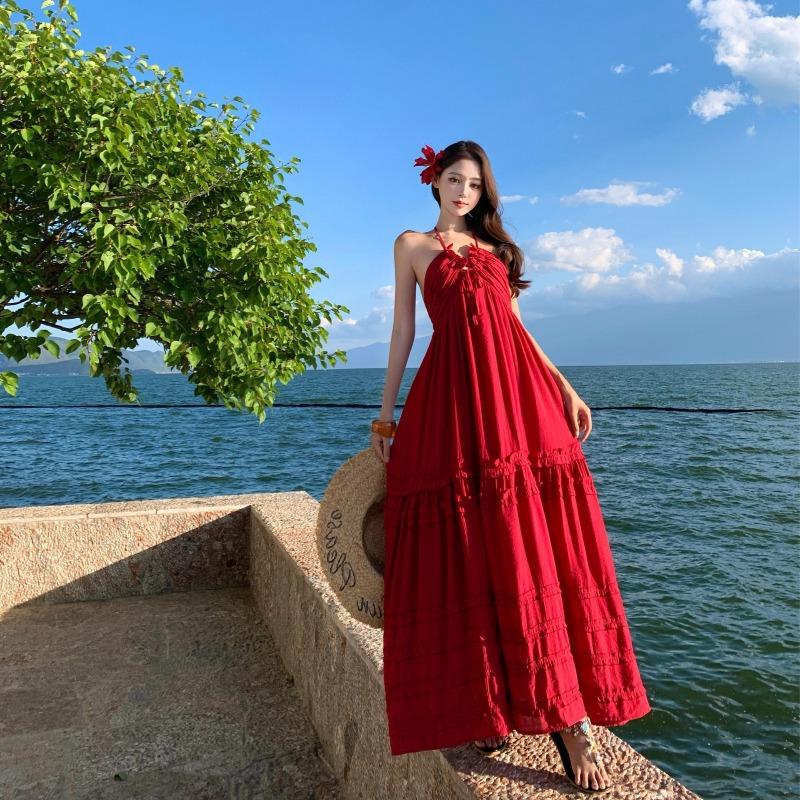 Tyrande Seaside Vacation Feeling Neck Suspender Dress Women's French Heavy Industry Sexy Backless Cake Dress
