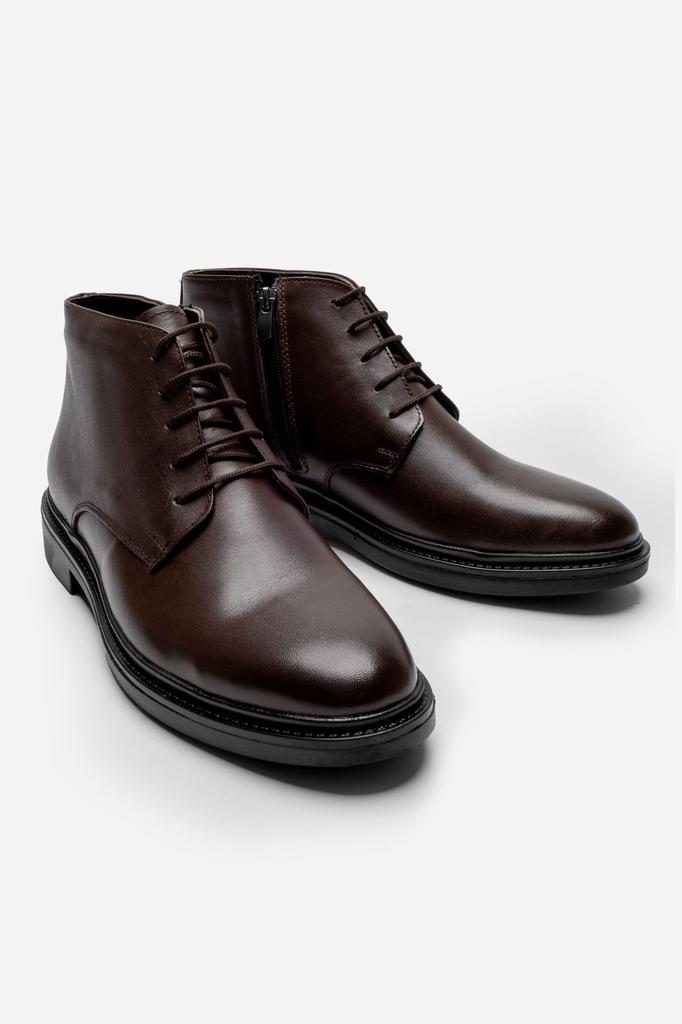 Men's Fashion Genuine Leather Thin Heeled Booties Black Lace-up Zippered Boots Shoes