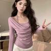 Hanging Neck Fake Two Long Sleeved T-shirts for Women Pure Desire Wind and Wave Neck Base Shirt Sexy Temperament Top