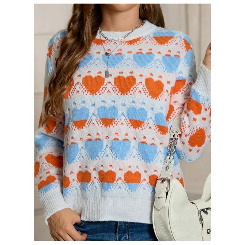 Women S Casual Long Sleeve Crew Neck Heart Jacquard Knit Pullover Sweater