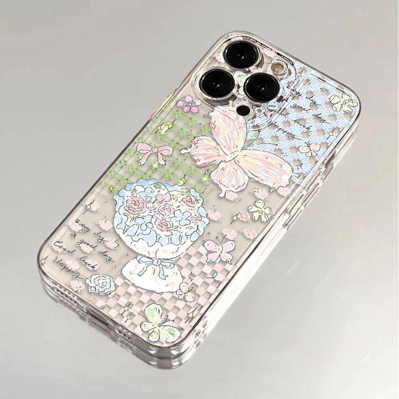 Korean plaid butterfly flower for iPhone17promax Apple 16 mobile phone case 14/13 cute 15