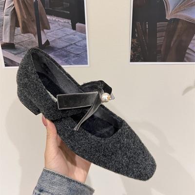 Французские туфли на толстом каблуке серого цвета, одинарные, для ношения с юбкой, вечерние туфли, женская обувь 2025, осень и зима, бархатные туфли Мэри Джейн, пушистые туфли