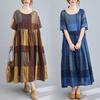 Летняя литература плюс свободное хлопковое льняное клетчатое платье с короткими рукавами женские длинные повседневные платья
