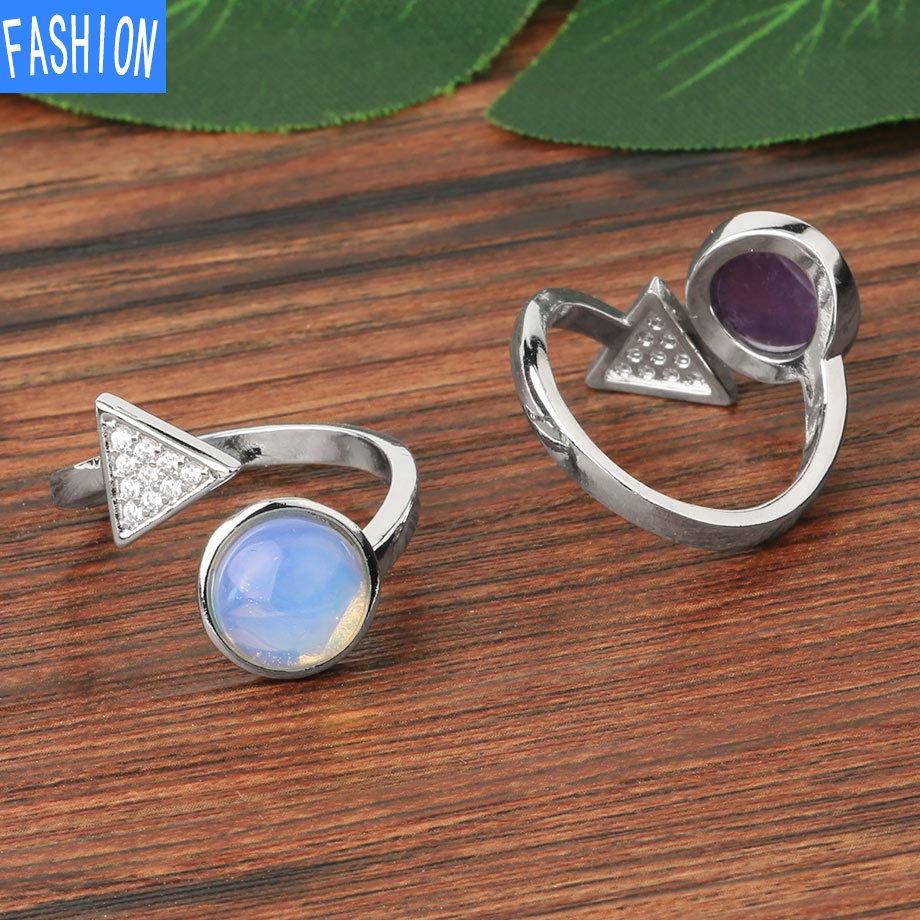 Natural Stone Round Crystal Triangle Adjustable Ring Gift for Women