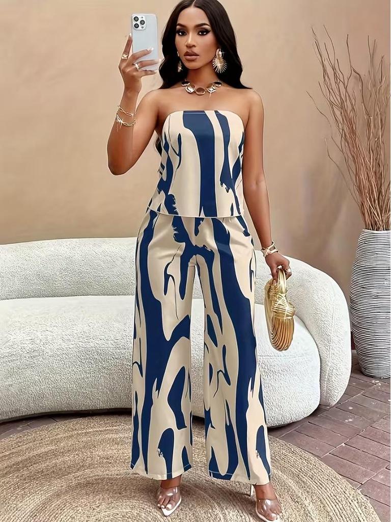 Summer 2026 Women's Printed Strapless Backless Top and Wide-Leg Pants Set