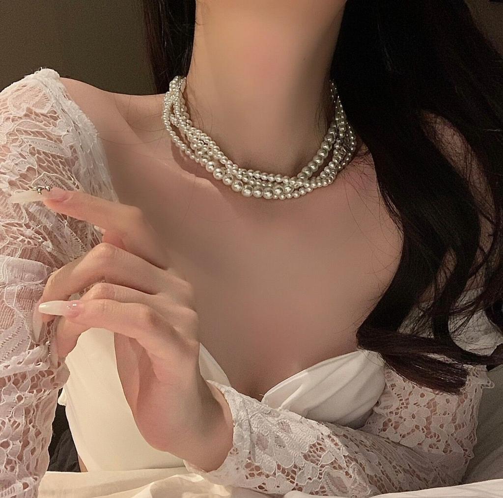 Многослойное стеклянное жемчужное ожерелье для женщин с изысканным темпераментом, модным стилем ретро-барокко, многорядной цепочкой на ключицах.