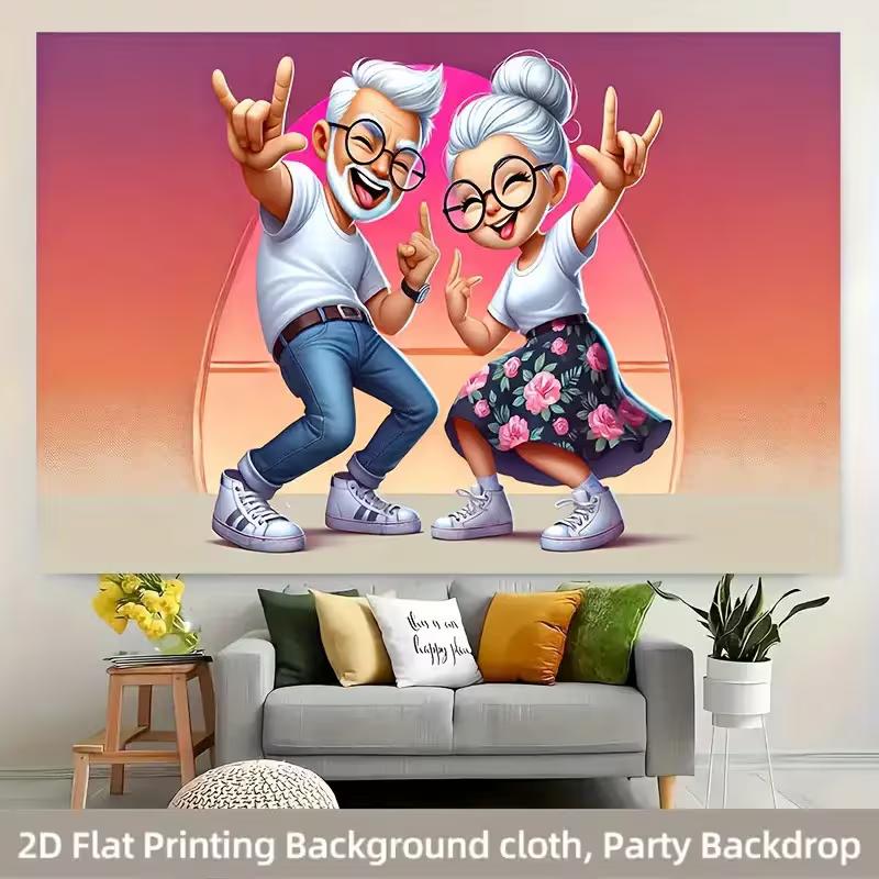 2D Happy Dancing Senior Couple Backdrop - Retirement Party Photo Booth Background