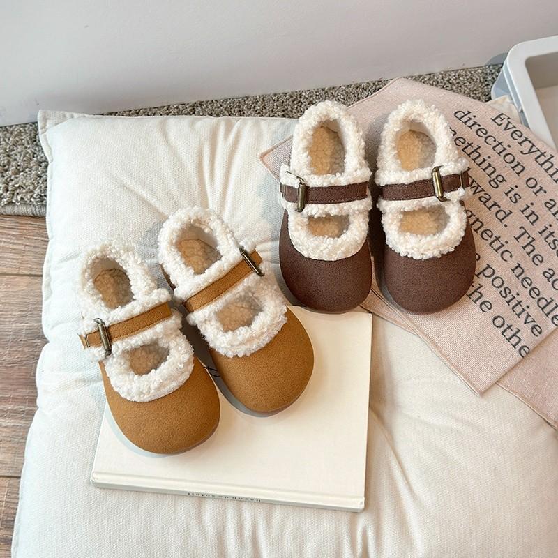 Детская зимняя хлопковая обувь, детская толстая теплая плюшевая меховая обувь, простая пряжка, мокасины для девочек, нескользящая обувь, осень 2024 г., новинка