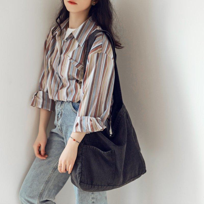 Сумка из мытой джинсовой сумки, большая вместительная сумка через плечо, студенческая большая сумка, женская простая сумка через плечо