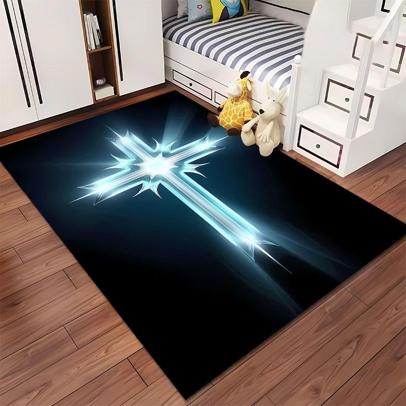 Glowing Blue Radiant Cross Design suitable as a non-slip mat for the living room or bedroom sofa