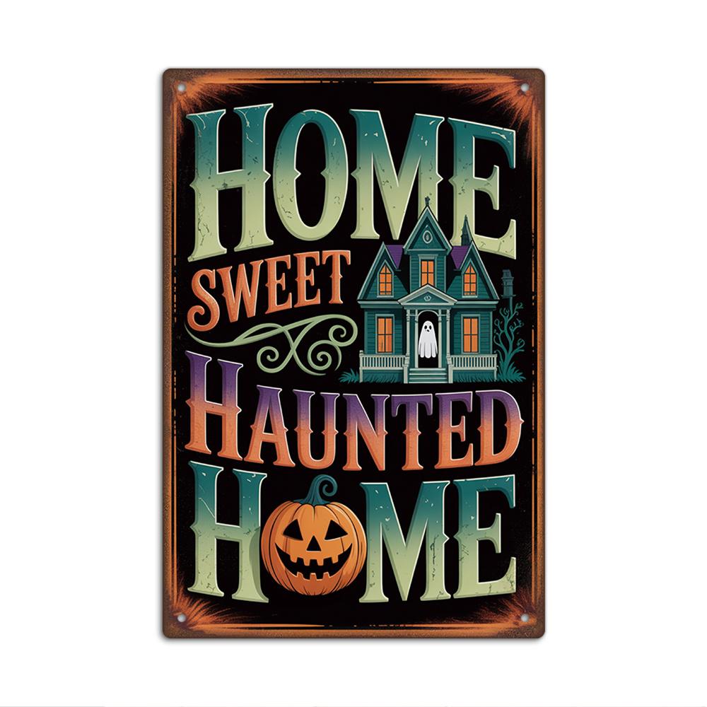 1pc Putuo Decor Vintage Halloween Metal Tin Sign - "Home Sweet Haunted Home" Wall Art with Haunted House & Skeleton Design, Perf